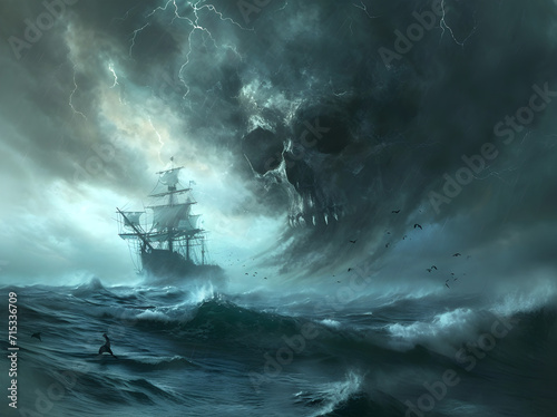 Sailing Pirate Ship in storm at sea, skull and bones on the sky, in the clouds, Dark Scary ship story illustration