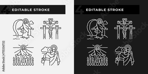 Life of Jesus Christ linear icons set for dark, light mode. Crucifixion and resurrection. New testament. Biblical scene. Thin line symbols for night, day theme. Isolated illustrations. Editable stroke