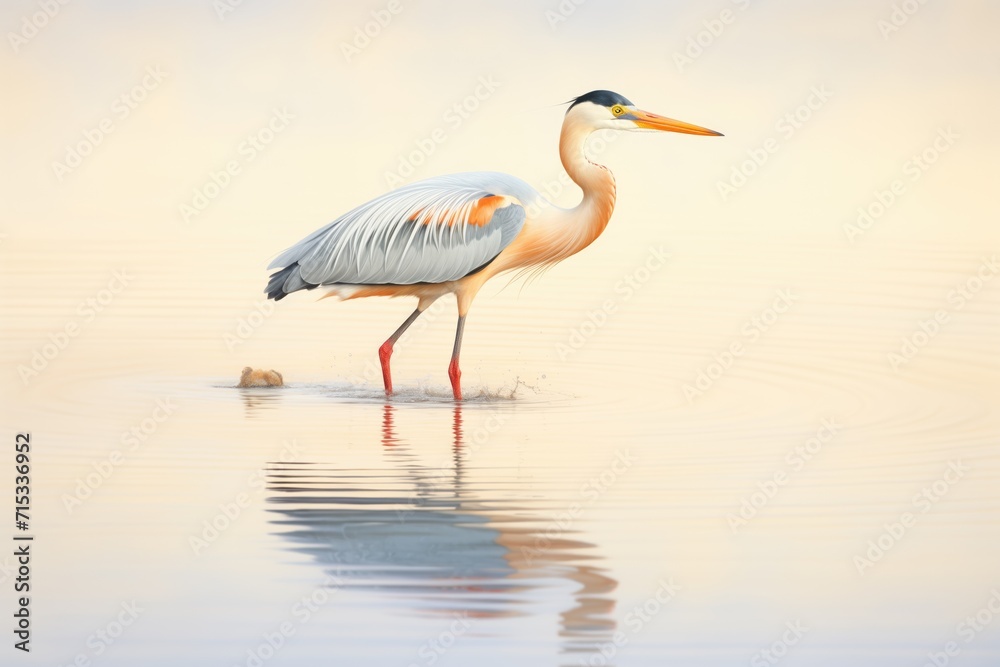 a heron hunting in shallow waters at dawn