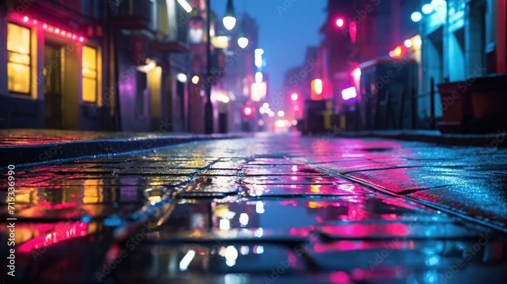 Multi-Colored Neon Lights on Dark City Street. Reflection of Neon Light in Puddles. Foggy Bokeh
