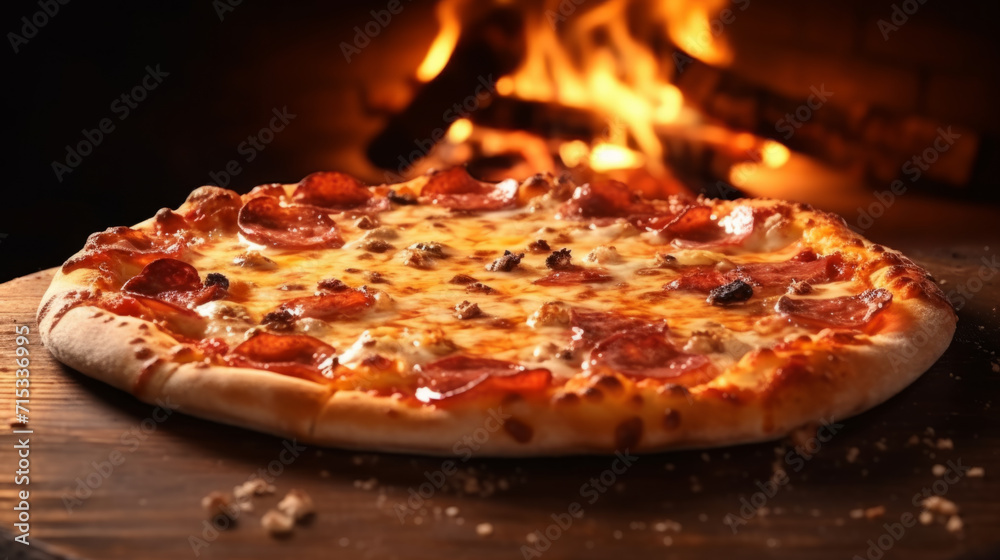 Pepperoni pizza close to charcoal oven on black background. Pepperoni pizza close to charcoal oven on black background.