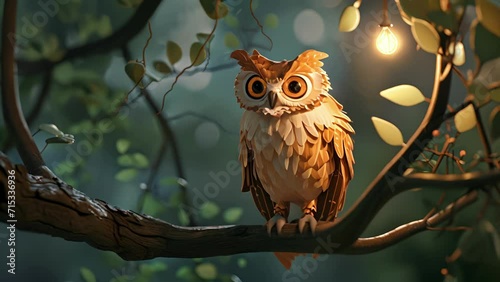 Cartoon digital avatars of a determined owl night watchman, perched on a tree branch with a determined look, ready to take on any challenges that may arise in the dark of the night. photo