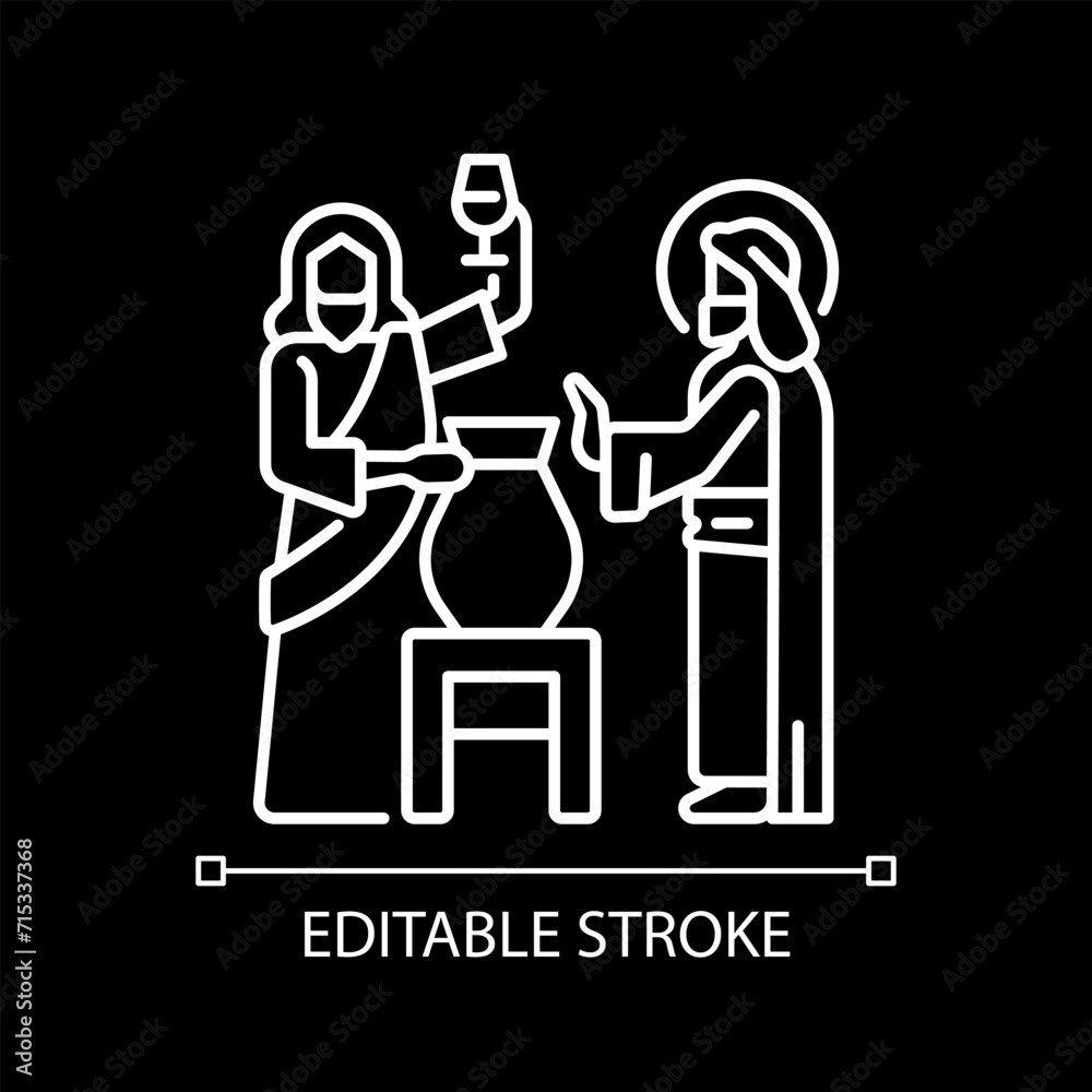 First miracle white linear icon for dark theme. Jesus Christ turns