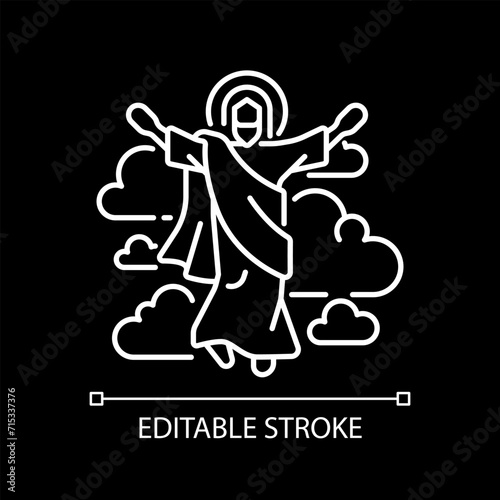 Ascension of Jesus white linear icon for dark theme. Jesus ascended to Heaven. Christian scripture. New testament. Isolated vector illustration. Simple filled line drawing. Editable stroke