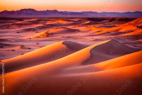 A serene desert landscape at sunset, where the horizon is ablaze with hues of orange and purple. The soft sand dunes stretch into the distance.