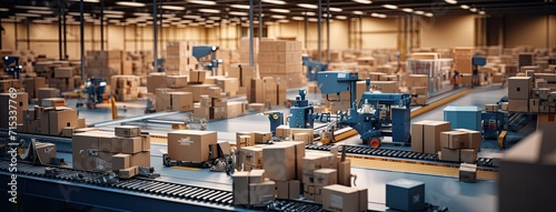 conveyor belt in a distribution warehouse with row of cardboard box packages for e-commerce delivery