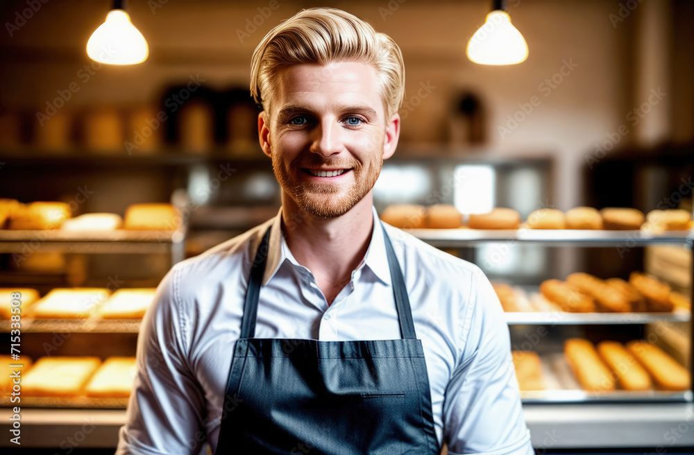 Fototapeta premium Smiling baker man standing with fresh bread at bakery. Generative AI