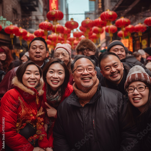 Group of joyful people, family and friends, smiling for a selfie during Chinese New Year celebrations with red lanterns in the background. 
