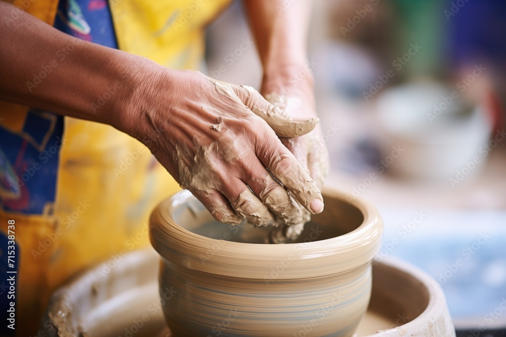hands shaping a clay pot on a pottery wheel