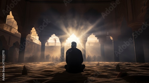 Silhouette of Muslim man worshiping and praying for fasting and Islamic Eid culture in old mosque with lighting and smoke background  copy space - generative ai