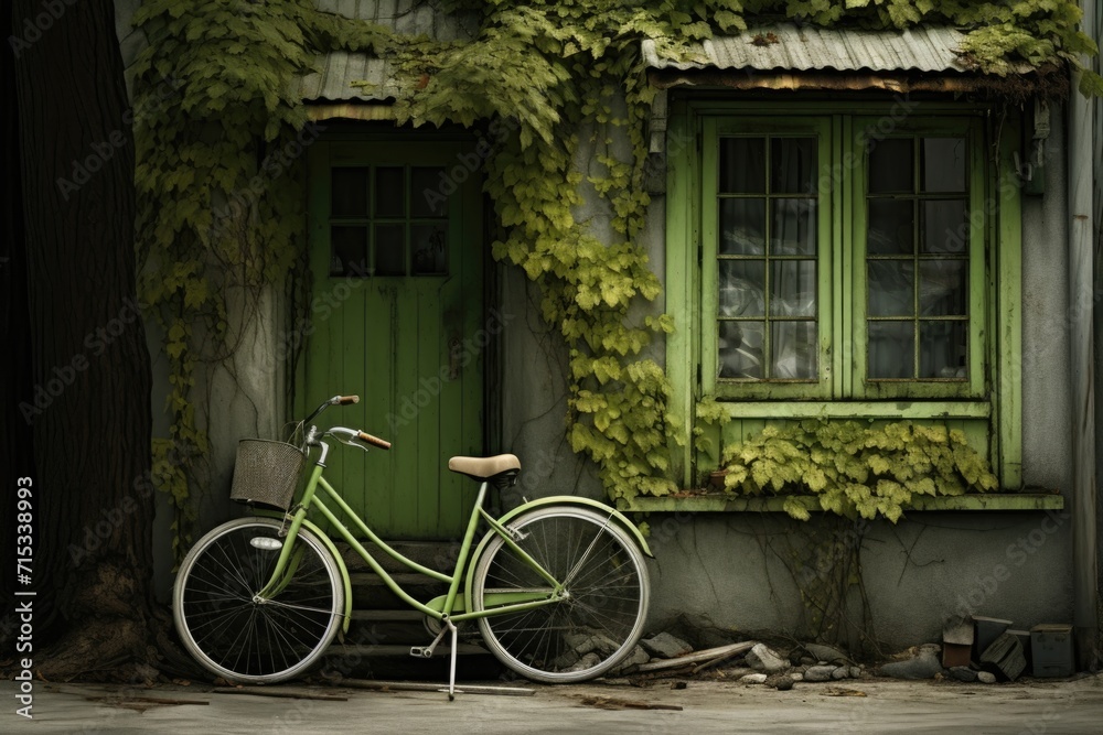 A stylish green bike Stands near an old green house
