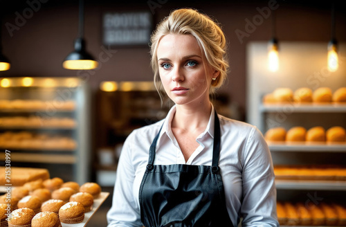 Young woman wearing apron assistant at friendly bakery shop small business crossed arms posing to camera smiling cheerful. Generative AI