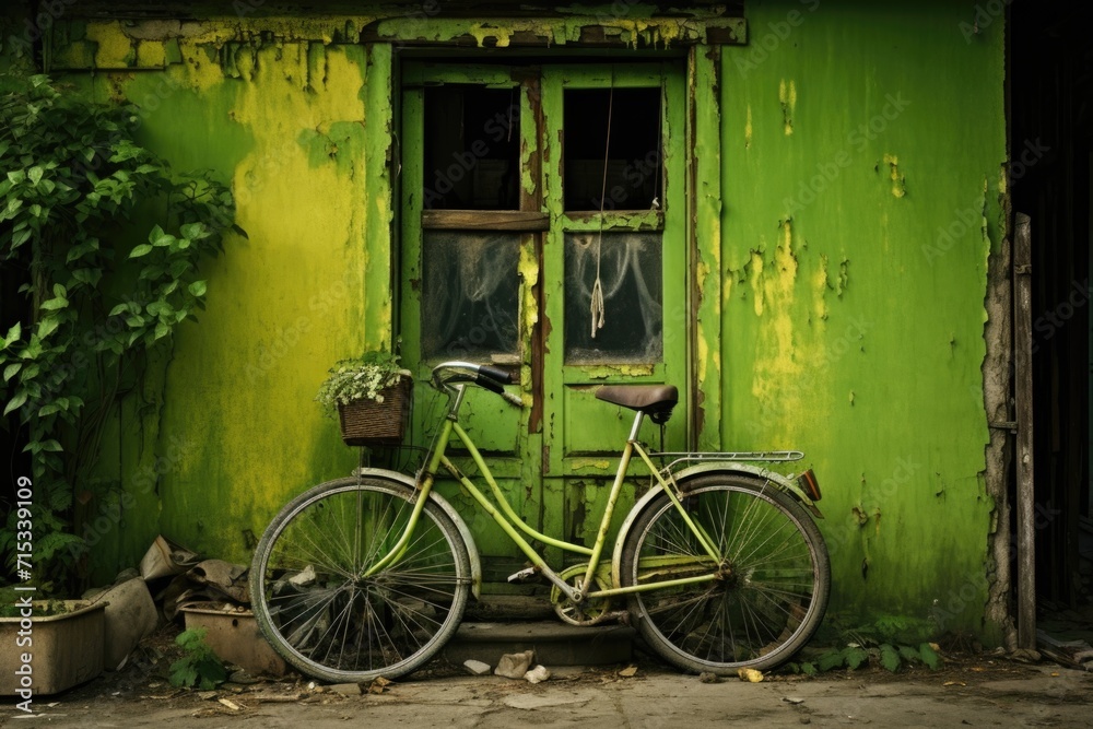 A stylish green bike Stands near an old green house