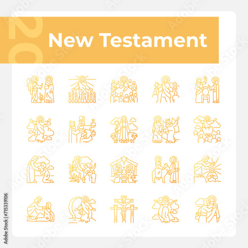 New testament gradient linear vector icons set. Life of Jesus Christ. Creed christian religion. Holy bible. Thin line contour symbol designs bundle. Isolated outline illustrations collection