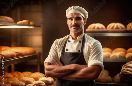 Smiling baker man standing with fresh bread at bakery. Generative AI