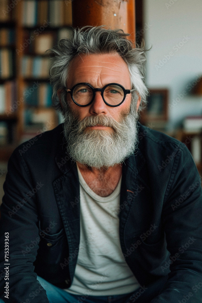 Front portrait of a 50 year old writer sitting looking at camera Front portrait of a 50 year old writer sitting looking at camera