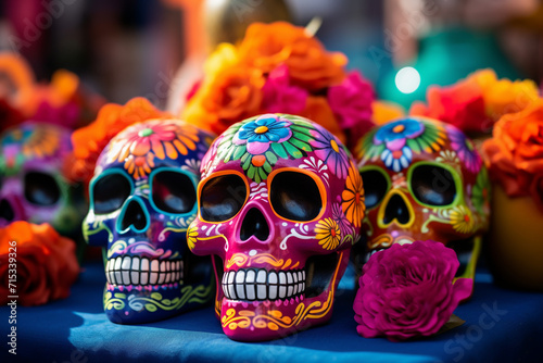 traditional sugar skulls and skeletons, emblematic of the Day of the Dead celebration.