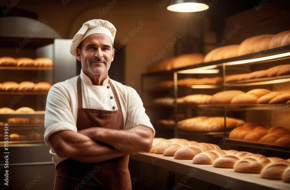Smiling baker man standing with fresh bread at bakery. Generative AI