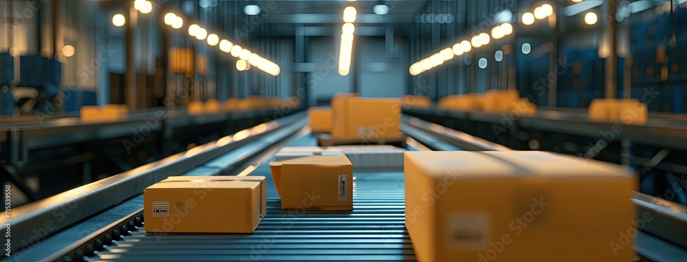 The efficiency of fast shipping depicted through boxes smoothly traversing the conveyor system.