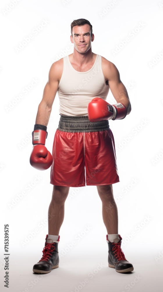 1 boxer standing smiling, looking at the camera, full body, white background. 1 boxer standing smiling, looking at the camera, full body, white background.