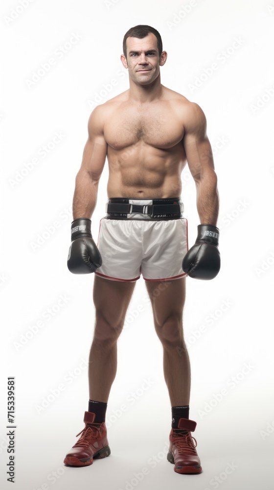 1 boxer standing smiling, looking at the camera, full body, white background. 1 boxer standing smiling, looking at the camera, full body, white background.