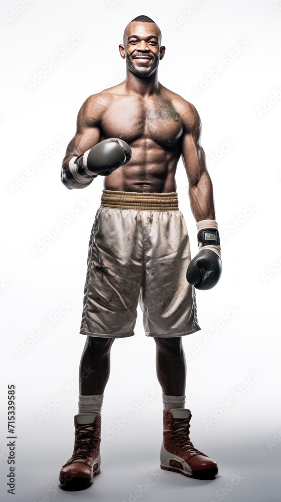 1 boxer standing smiling, looking at the camera, full body, white background.