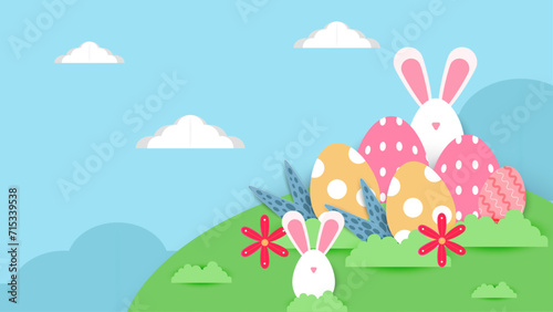 Colorful colorful vector happy easter background. Greeting card  poster or background with bunny  flowers and easter egg. Egg hunt poster. Vector paper style easter background. Vector paper style east