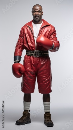 1 boxer standing smiling, looking at the camera, full body, white background.