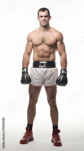 1 boxer standing smiling, looking at the camera, full body, white background.