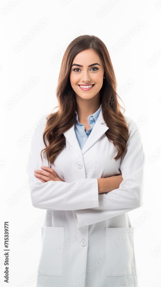 One female pharmacist stands smiling looking at the camera, full body, white background. One female pharmacist stands smiling looking at the camera, full body, white background.