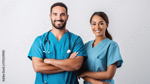 One male nurse and two female nurses stand smiling looking at the camera. Full body. Isolated on a white background. photo