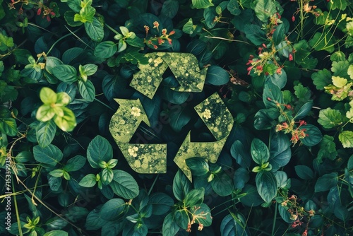 green recycling symbol amidst a lush bed of various green plants photo