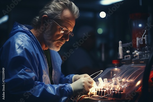 Senior scientist working in the laboratory. He is using a microscope