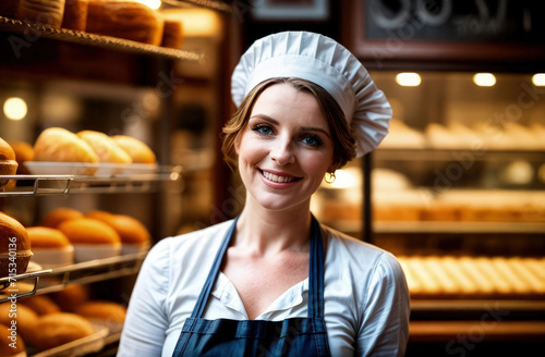 Young woman wearing apron assistant at friendly bakery shop small business crossed arms posing to camera smiling cheerful. Generative AI