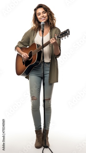 Female singer standing smiling looking at camera. Full body. Isolated on white background.