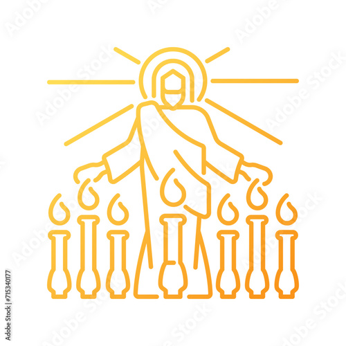 Revelation gradient linear vector icon. Jesus Christ and seven lampstands. Biblical scene. Apostle John vision. Thin line color symbol. Modern style pictogram. Vector isolated outline drawing