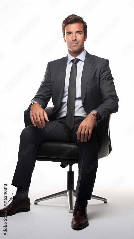 Businessman sitting smiling looking at camera. Full body. Isolated on white background. Businessman sitting smiling looking at camera. Full body. Isolated on white background.