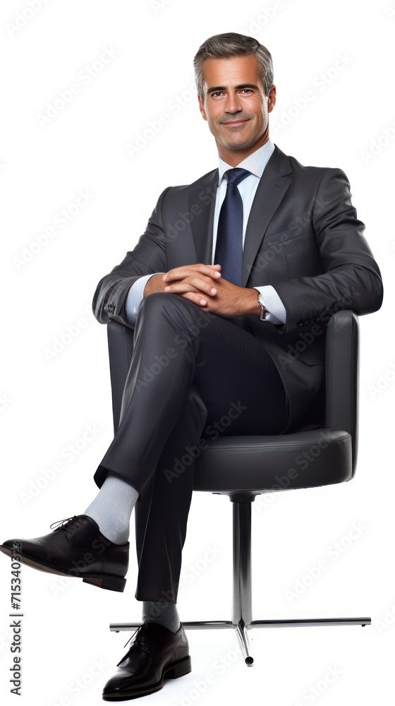 Businessman sitting smiling looking at camera. Full body. Isolated on white background. Businessman sitting smiling looking at camera. Full body. Isolated on white background.