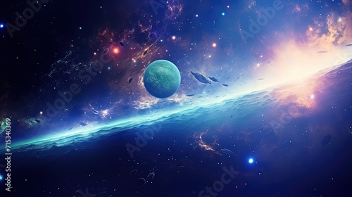 Abstract Dreamy Background Wallpaper Template of Outer Space Planet Land Nebula Sparkling Stars Galaxy Universe Crashing Danger Alert Exploration Extinction of Dinosaurs Fantasy Colorful Tone 16:9
