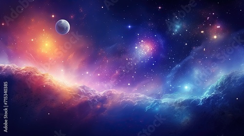 Abstract Dreamy Background Wallpaper Template of Outer Space Planet Land Nebula Sparkling Stars Stardust Galaxy Universe Astro Cosmos Milky Way Panorama Night Sky Fantasy Colorful Tone 16 9