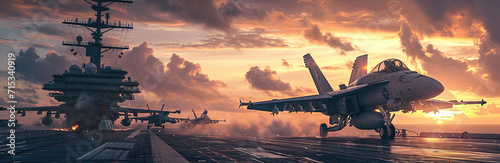 Fighter jets soaring into action as they take off from the decks of aircraft carriers, showcasing the synergy of air and naval forces.