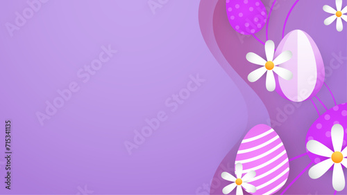 White yellow and purple violet vector happy easter day in paper style with egg and flower. Vector paper style easter background