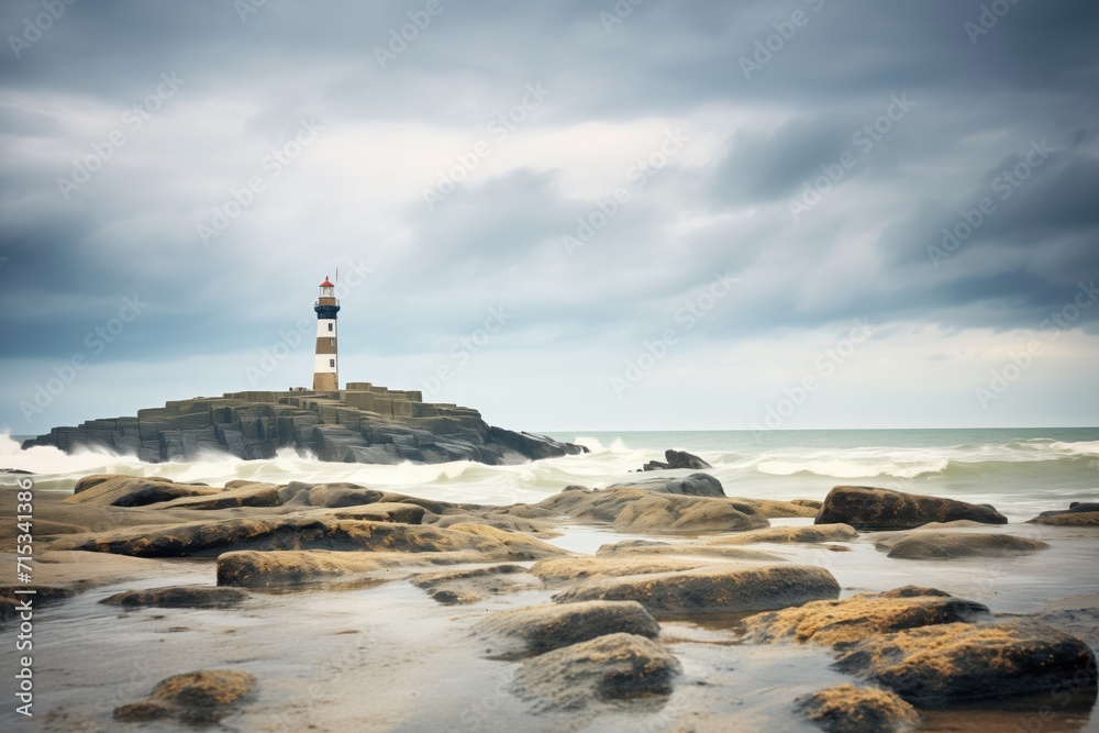 lone lighthouse on a rocky outcrop during a storm