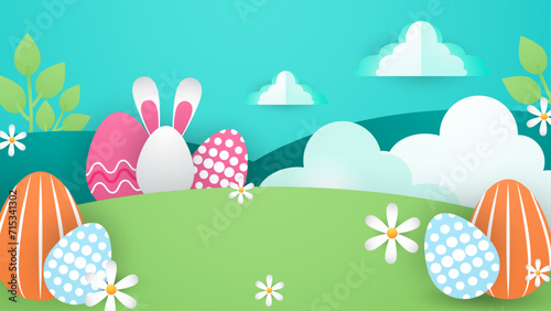 Colorful colourful vector elegant and luxury happy easter for background with egg and flower element. Vector paper style easter background