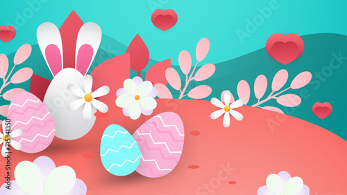Colorful colourful vector happy easter day in paper style with egg and flower. Vector paper style easter background