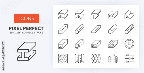 Steel products, thin line icon set. Outline symbol collection. Editable vector stroke. 256x256 Pixel Perfect scalable to 128px, 64px...