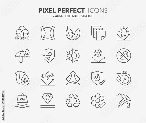 Line icons about fabric features. Outline symbol collection. Editable vector stroke. 64x64 Pixel Perfect. photo