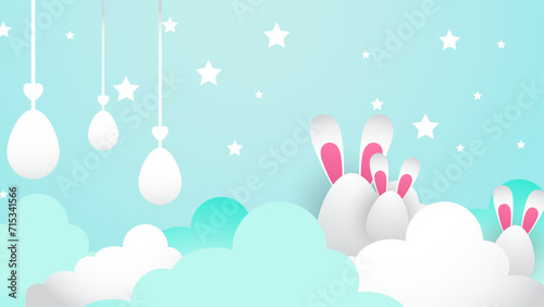 Fototapeta Naklejka Na Ścianę i Meble -  Green white and pink vector happy easter day in paper style with egg and flower. Vector paper style easter background