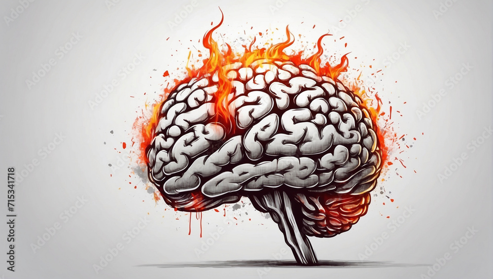 Illustration of the human brain on fire. Overthinking, Damaged Brain, Insanity, Rage, Anger