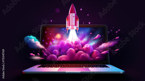 Spaceship, laptop and startup progress on space mission in research, exploration or discovery. Science, innovation or technology in business, finance development and success